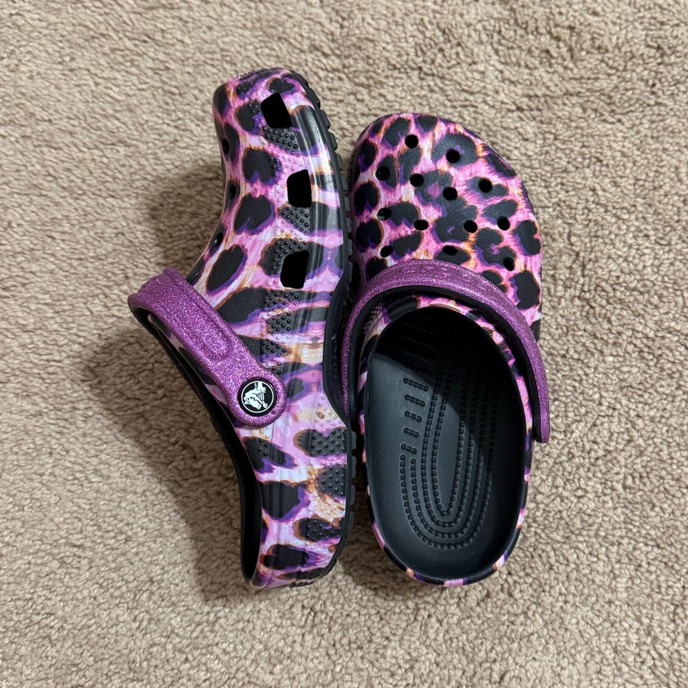 Purple/Pink Leopard Print Crocs